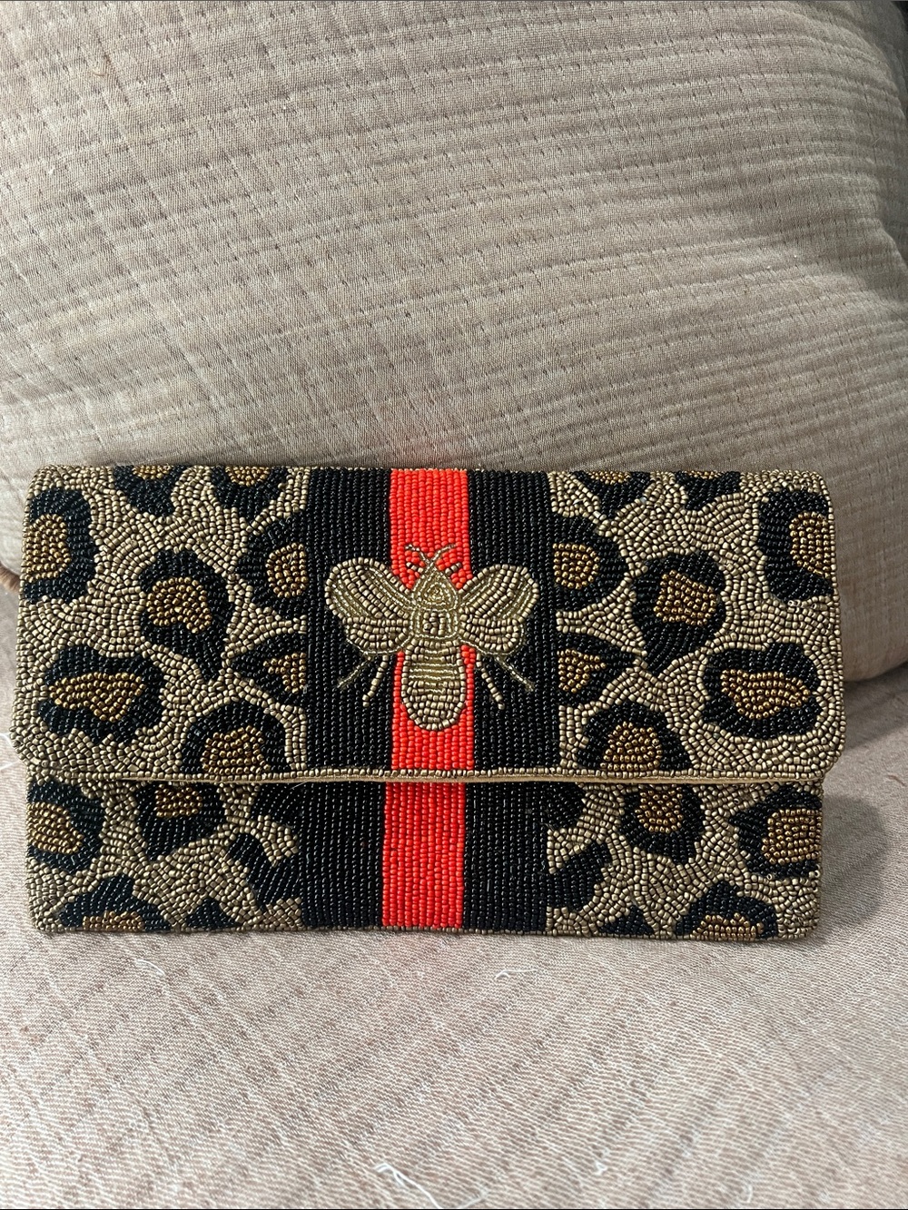 Leopard Beaded Clutch with Red Stripe and Bee Accent